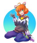  1girl ahoge animal_ears curly_hair fake_animal_ears freckles green_eyes highres iesupa orange_hair penny_polendina rwby short_hair smile solo 