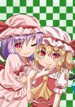  2girls arm_around_back arms_up blonde_hair blouse checkered checkered_background commentary_request cravat eyebrows_visible_through_hair eyes_visible_through_hair fang fang_out flandre_scarlet frilled_shirt_collar frills green_background hair_between_eyes hand_on_another&#039;s_arm hand_on_another&#039;s_face hand_on_another&#039;s_shoulder hat hat_ribbon highres looking_at_viewer mob_cap multiple_girls one_eye_closed pink_blouse pink_headwear pink_skirt puffy_short_sleeves puffy_sleeves purple_hair red_eyes red_skirt red_vest remilia_scarlet ribbon sash shirt short_hair short_sleeves siblings side_ponytail sisters skirt slit_pupils smile sugiyama_ichirou touhou upper_body vest white_headwear white_shirt wings yellow_neckwear 
