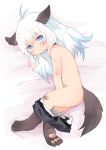  &gt;:( 1girl animal_ears bandaid bandaid_on_knee commentary_request dog_ears dog_paws dog_tail full_body fur highres konachiu long_hair lying nude on_side original paws rei-chan_(konachiu) shorts shorts_pull silver_hair tail 