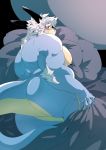  anthro arm_hair beard bed bedroom blue_scales blush butt dragon facial_hair hair invalid_color kokuhane looking_at_viewer male mature_male muscular muscular_male nude pecs pillow scales scalie sergio solo white_hair 