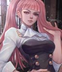  1girl european_clothes fire_emblem fire_emblem:_three_houses grin hand_on_hip hilda_valentine_goneril kaejunni long_hair looking_at_viewer pink_eyes pink_hair signature simple_background smile solo twintails 