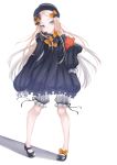  1girl abigail_williams_(fate/grand_order) absurdres bangs black_bow black_dress black_headwear blonde_hair blue_eyes bow commentary_request dress fate/grand_order fate_(series) full_body hair_bow hat highres long_hair long_sleeves looking_at_viewer object_hug orange_bow parted_bangs polka_dot polka_dot_bow shoe_bow shoes simple_background sleeves_past_fingers sleeves_past_wrists solo stuffed_animal stuffed_toy teddy_bear tenmaru_(lioubunny22) very_long_hair white_background white_bloomers 