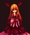  1girl artist_request bat_wings black_background blonde_hair bow dress eyebrows_visible_through_hair finger_to_mouth fingernails frilled_skirt frills gothic_lolita granblue_fantasy head_wings highres large_bow lolita_fashion long_fingernails long_hair looking_at_viewer red_bow red_dress red_eyes shadowverse shingeki_no_bahamut skirt vampire vampy wings 