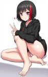  1girl ass bang_dream! bare_legs barefoot black_hair collarbone crotch_seam heart hood hood_down hoodie knee_up lambda_(kusowarota) long_sleeves looking_at_viewer mitake_ran multicolored_hair panties pink_eyes red_hair short_hair simple_background sitting smile solo thighs two-tone_hair underwear v white_background white_panties 