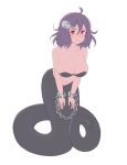  1girl artist_name artist_request blush breast_grab breasts claws cleavage closed_mouth cuffs grabbing hair_ornament hair_skull hairclip highres lamia large_breasts monster_girl original purple_hair red_eyes short_hair snake snake_tail tail 
