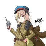  1girl absurdres artist_request blonde_hair character_name commentary_request english_text fur_collar girls_frontline hat highres jacket_on_shoulders korean_commentary medal megaphone military military_uniform nagant_m1895 nagant_revolver_(girls_frontline) nkvd peaked_cap red_eyes solo soviet uniform 