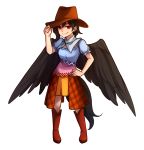  1girl adjusting_clothes adjusting_hat black_hair black_wings blue_shirt boots breasts brown_footwear brown_headwear capelet commentary cowboy_hat english_commentary feathered_wings frills full_body grey_capelet hand_on_hip hand_up hat highres kurokoma_saki looking_at_viewer medium_breasts orange_skirt puffy_short_sleeves puffy_sleeves red_eyes shirt short_hair short_sleeves simple_background skirt smile solo speckticuls spoilers standing tail touhou white_background wings 