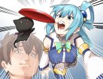  1boy 1girl aqua_(konosuba) blue_eyes blue_hair bow breasts brown_hair cat chomusuke closed_mouth commentary_request detached_sleeves frisbee gem hair_between_eyes hair_ornament hair_rings highres kono_subarashii_sekai_ni_shukufuku_wo! long_hair muchi_maro open_mouth satou_kazuma teeth thighhighs 