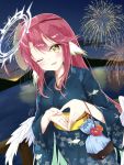  1girl amatsuji angel_wings bag blush breasts commentary_request cross feathered_wings fireworks gradient_hair halo japanese_clothes jibril_(no_game_no_life) kimono large_breasts long_hair looking_at_viewer low_wings magic_circle mask mask_on_head multicolored_hair no_game_no_life obi one_eye_closed open_mouth pink_hair sash smile solo summer_festival symbol-shaped_pupils very_long_hair white_wings wing_ears wings yellow_eyes yukata 