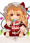  2girls :p alternate_costume ascot bangs blonde_hair blue_hair blush bow chocolate_syrup commentary cup dress drinking_glass eyebrows_visible_through_hair flandre_scarlet food fruit gotoh510 hair_between_eyes hands_up hat highres holding holding_spoon ice_cream in_container in_cup in_food leaf leaf_on_head looking_at_viewer minigirl mint mob_cap multiple_girls one_side_up open_mouth red_bow red_dress red_eyes remilia_scarlet short_hair siblings simple_background sisters spoon strawberry sundae symbol_commentary tongue tongue_out touhou upper_body white_background white_headwear wrist_cuffs yellow_neckwear 