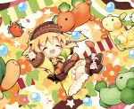 1girl :d ^_^ aikei_ake animal apron bangs bird blonde_hair blush boots broccoli brown_apron brown_footwear brown_headwear bunny carrot chibi closed_eyes commentary_request dog dress eyebrows_visible_through_hair food hat long_sleeves open_mouth original smile solo star tomato turtleneck vegetable yellow_dress 