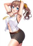  1girl :d armpits arms_behind_head arms_up bang_dream! bare_arms bare_shoulders belt black_shorts blue_eyes blush breasts brown_hair center_opening collared_shirt cowboy_shot hair_ribbon heart lambda_(kusowarota) large_breasts long_hair looking_at_viewer midriff navel necktie open_mouth ponytail ribbon shirt short_shorts shorts simple_background sleeveless sleeveless_shirt smile solo striped striped_neckwear white_background white_shirt yamabuki_saaya 