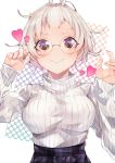  1girl absurdres bangs blush breasts glasses heart heart-shaped_pupils highres large_breasts looking_at_viewer nanase_akira_(ekmm4442) original purple_eyes ribbed_sweater short_hair smile solo sweater symbol-shaped_pupils thick_eyebrows turtleneck white_hair 