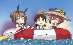  3girls bikini blue_sky blue_swimsuit breasts brown_hair closed_eyes cloud commentary_request dated day dress green_eyes hairband hamu_koutarou hat headgear highres inflatable_raft kantai_collection large_breasts low_twintails multiple_girls mutsu_(kantai_collection) name_tag oar open_mouth outdoors radio_antenna round_teeth school_swimsuit shirayuki_(kantai_collection) short_hair short_twintails sky straw_hat sun_hat sundress swimsuit teeth twintails upper_teeth water white_bikini white_dress yukikaze_(kantai_collection) 