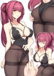  1girl ass bangs bare_shoulders black_legwear black_leotard black_ribbon blush breasts cleavage clenched_teeth closed_mouth command_spell evan_yang fate/grand_order fate_(series) hair_between_eyes hair_intakes hair_ribbon highleg highleg_leotard highres large_breasts leotard long_hair looking_at_viewer multiple_views one_eye_closed panties panties_under_pantyhose pantyhose ponytail purple_hair red_eyes ribbon scathach_(fate)_(all) scathach_(fate/grand_order) teeth thighband_pantyhose underwear white_panties 
