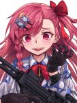  1girl :d bangs black_gloves black_shirt blush bow braid collared_shirt commentary crazy_smile eyebrows_visible_through_hair girls_frontline gloves gun hair_between_eyes hair_bow hair_ornament hairclip hands_up hexagram holding holding_gun holding_weapon imi_negev ivan_wang jacket long_hair looking_at_viewer negev_(girls_frontline) object_namesake one_side_up open_mouth pink_hair red_bow red_eyes shirt side_braid simple_background single_braid smile solo star_of_david upper_body weapon white_background white_jacket 