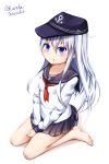  1girl :t absurdres anchor_symbol bangs barefoot between_legs black_headwear black_sailor_collar black_skirt blue_eyes blush closed_mouth commentary_request eyebrows_visible_through_hair flat_cap full_body hair_between_eyes hamayuu_(litore) hand_between_legs hat hibiki_(kantai_collection) highres kantai_collection long_hair long_sleeves looking_at_viewer neckerchief pleated_skirt pout red_neckwear sailor_collar shadow shirt silver_hair sitting skirt solo twitter_username very_long_hair wariza white_background white_shirt 