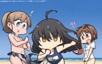 ! !? 3girls ahoge beach bikini black_hair blue_eyes blue_sky blue_swimsuit breasts brown_eyes brown_hair clothes_theft clothes_writing commentary cowboy_shot crescent dated day eyewear_on_head hairband hamu_koutarou highres intrepid_(kantai_collection) kantai_collection large_breasts long_hair mikazuki_(kantai_collection) multiple_girls name_tag natori_(kantai_collection) outdoors ponytail sarong school_swimsuit shirt shirt_pull short_hair sky sparkle sunglasses swimsuit swimsuit_theft t-shirt theft topless translated white_hairband x_navel 