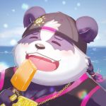  1:1 2019 alp_(tas) anthro blush clothing eyes_closed food fur giant_panda hat headgear headwear hi_res humanoid_hands keterbear816 male mammal popsicle purple_fur solo tokyo_afterschool_summoners ursid video_games 