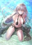  1girl absurdres alternate_costume alternate_hairstyle arm_across_waist arm_support beach bikini black_bikini black_sarong blush breasts cleavage eyebrows_visible_through_hair fate/grand_order fate_(series) floating_hair heroic_spirit_festival_outfit highres jeanne_d&#039;arc_(alter)_(fate) jeanne_d&#039;arc_(fate)_(all) kneeling leaning looking_at_viewer navel ocean penguintake petals quad_braids sarong solo stomach sunlight swimsuit thighs twintails water 