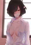  1girl black_hair breasts cleavage closed_mouth commentary_request hair_over_one_eye highres indoors karasu_hito long_sleeves naked_shirt pointy_ears red_eyes shameimaru_aya shirt short_hair solo touhou upper_body white_shirt 