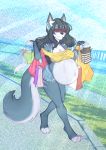  2019 absurd_res allymoodyneko anthro belly breasts canid canine clothed clothing digital_media_(artwork) female fur hair hi_res mammal navel pregnant simple_background smile solo yukiashi 
