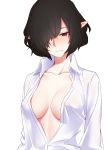  1girl black_hair breasts cleavage closed_mouth commentary_request hair_over_one_eye highres karasu_hito long_sleeves naked_shirt pointy_ears red_eyes shameimaru_aya shirt short_hair solo touhou upper_body white_background white_shirt 