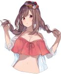  1girl :o bare_shoulders braid breasts brown_hair cleavage commentary_request cropped_torso flower halter_top halterneck hands_up hanetsuka head_wreath holding holding_hair idolmaster idolmaster_shiny_colors large_breasts long_hair looking_at_viewer navel off_shoulder parted_lips red_eyes rose simple_background solo tsukioka_kogane twintails white_background 