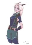  2019 absurd_res belt clothing elf female hair hi_res horn horned_humanoid humanoid humanoid_pointy_ears kuroganbati long_hair not_furry open_mouth open_smile purple_eyes rayla simple_background smile solo the_dragon_prince white_hair 