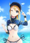  1girl absurdres ahoge artoria_pendragon_(all) baseball_cap bikini blonde_hair blue_eyes blue_headwear breasts commentary_request day fate/grand_order fate_(series) hair_between_eyes hair_through_headwear hat highres large_breasts long_hair looking_at_viewer mayume_(polaris_quaver) mysterious_heroine_xx_(foreigner) navel one_eye_closed outdoors ponytail shrug_(clothing) side-tie_bikini solo swimsuit thigh_strap water white_bikini 