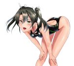  1girl bent_over black_swimsuit breasts commentary_request competition_swimsuit feet_out_of_frame green_eyes grey_hair hands_on_own_knees kantai_collection leaning_forward long_hair looking_at_viewer one-piece_swimsuit open_mouth parazan_d simple_background small_breasts smile solo standing swimsuit twintails white_background zuikaku_(kantai_collection) 