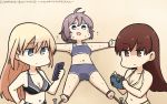  3girls alternate_costume aoba_(kantai_collection) bare_arms bare_legs bare_shoulders bikini bismarck_(kantai_collection) blonde_hair blue_eyes bound breasts brown_eyes brown_hair camera cellphone cleavage commentary dated from_above from_side hamu_koutarou highres kantai_collection large_breasts long_hair looking_down lying medium_breasts messy_hair midriff multiple_girls navel on_back ooi_(kantai_collection) open_mouth outdoors phone ponytail purple_hair sand scrunchie shaded_face signature smartphone sweat sweating_profusely swimsuit tied_up x_navel 