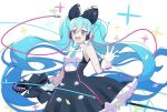 black_bow black_dress blue_eyes blue_hair blue_neckwear blush bow cable chi_ya commentary cowboy_shot dress frilled_dress frills gloves hair_bow hair_ornament hatsune_miku headphones holding_microphone_stand long_hair looking_at_viewer magical_mirai_(vocaloid) microphone_stand necktie open_mouth outstretched_hand short_necktie sleeveless sleeveless_dress smile sparkle standing twintails very_long_hair vocaloid waving white_background white_gloves 