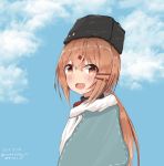  1girl :d absurdres black_headwear blue_shawl blue_sky brown_eyes brown_hair eyebrows_visible_through_hair from_side hair_ornament hairclip highres kantai_collection long_hair looking_at_viewer low_twintails numarinko open_mouth papakha ribbon_trim scarf sky smile solo star tashkent_(kantai_collection) twintails upper_body white_scarf 