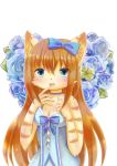  2016 5_fingers absurd_res anthro blue_clothing blue_dress blue_eyes blue_flowers blue_ribbon blush breasts brown_hair cleavage clothed clothing domestic_cat dress felid feline felis female fingers hair hi_res kemono long_hair looking_at_viewer mammal open_mouth simple_background smile solo white_background yupomu ゆぽむ 