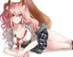  1girl animal_ear_fluff animal_ears blush breasts cleavage collarbone fate/extra fate/extra_ccc fate_(series) fox_ears fox_girl fox_tail highres large_breasts looking_at_viewer lying medium_skirt necktie on_side open_mouth pink_hair s2riridoll simple_background skirt solo tail tamamo_(fate)_(all) tamamo_no_mae_(fate) twintails white_background yellow_eyes 
