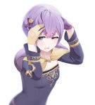  1girl ahoge bernadetta_von_varley blush breasts dress english_commentary eyebrows_visible_through_hair fire_emblem fire_emblem:_three_houses gloves hair_ornament hands_on_own_head highres lavender_eyes lavender_hair long_sleeves looking_at_viewer mengo mismatched_gloves open_mouth purple_dress purple_gloves short_hair simple_background small_breasts solo tareme tears upper_body wavy_mouth white_background yellow_gloves 