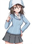  1girl ;) bangs blue_headwear blue_shirt brown_eyes brown_hair closed_mouth commentary cowboy_shot dress_shirt eyebrows_visible_through_hair girls_und_panzer grey_skirt hand_on_hip highres keizoku_school_uniform long_hair long_sleeves looking_at_viewer mika_(girls_und_panzer) miniskirt omachi_(slabco) one_eye_closed pleated_skirt pointing pointing_at_viewer school_uniform shirt simple_background skirt smile solo standing striped striped_shirt vertical-striped_shirt vertical_stripes white_background white_shirt 