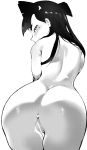  1girl anus ass black_hair breasts censored character_request choker copyright_request from_side highres long_hair looking_back mole mole_under_eye monochrome navel nude pussy roropull short_shorts shorts small_breasts solo very_long_hair 