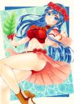  1girl alternate_costume alto2019 ass bare_legs bikini blue_eyes blue_hair bracelet breasts brooch brown_footwear fire_emblem fire_emblem:_the_binding_blade fire_emblem_heroes flower head_wreath hibiscus jewelry leaf lilina_(fire_emblem) long_hair looking_at_viewer marker_(medium) medium_breasts midriff miniskirt navel neckerchief parted_lips red_bikini sample sandals skirt solo swimsuit taut_clothes thighs traditional_media water 