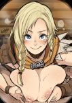  1boy 1girl bianca blonde_hair blue_eyes braid breasts breasts_outside butcha-u commentary_request deep_skin dragon_quest dragon_quest_v hair_over_shoulder heavy_breathing hetero highres jewelry large_breasts licking_lips medium_hair naughty_face nipples paizuri pov ring single_braid single_pauldron solo_focus sweat tongue tongue_out 