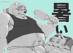  2019 anthro armpit_hair belly bodily_fluids bulge canid canine canis clothing cu_sith_(tas) domestic_dog duo eyes_closed eyewear fundoshi glasses inabayasuri japanese_clothing japanese_text leib_(tas) male mammal overweight overweight_male polar_bear shirt signature simple_background sitting sweat text tokyo_afterschool_summoners topwear underwear ursid ursine video_games 