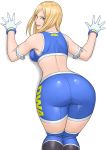  1girl against_wall armlet ass back bike_shorts blue_eyes breasts dead_or_alive gloves hair_over_shoulder highres knee_pads large_breasts legs_together lips lipstick long_hair looking_back makeup midriff naughty_face nose shigenobu shiny shiny_clothes skin_tight solo sports_bra tassel tina_armstrong white_gloves wrestling_outfit 