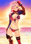  1girl american_flag_bikini asymmetrical_hair asymmetrical_legwear bangs beach bikini blue_eyes breasts bun_cover cleavage fate/grand_order fate_(series) flag_print highres large_breasts long_hair looking_at_viewer matsuryuu miyamoto_musashi_(fate/grand_order) miyamoto_musashi_(swimsuit_berserker)_(fate) navel ocean pink_hair shrug_(clothing) solo standing sunset swimsuit thigh_strap 