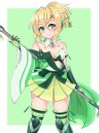  1girl absurdres akatsuki_kirika blonde_hair breasts closed_mouth freedom gloves green_eyes green_gloves green_legwear hair_ornament highres holding holding_weapon japanese_clothes medium_breasts off_shoulder senki_zesshou_symphogear senki_zesshou_symphogear_xd_unlimited shiny shiny_hair shiny_skin short_hair skirt smile solo standing weapon x_hair_ornament yellow_skirt 