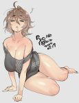  1girl 2019 agawa_ryou bare_shoulders barefoot breasts brown_hair cleavage commentary dated drooling english_commentary eyebrows_visible_through_hair grey_shirt hair_between_eyes half-closed_eyes huge_breasts messy_hair off_shoulder original shirt short_hair signature sitting sleepy solo t-shirt thick_thighs thighs waking_up 