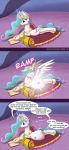  ! 2015 abdominal_bulge accidental_vore book bulge comic deusexequus dialogue digital_media_(artwork) english_text equid equine feathered_wings feathers female feral friendship_is_magic hi_res horn horse lying mammal muffled my_little_pony pillow pony princess_celestia_(mlp) simple_background sound_effects speech_bubble teleportation text twilight_sparkle_(mlp) vore wings 