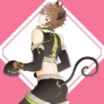  1boy adapted_costume animal_ears bell bell_collar black_gloves black_shorts brown_eyes brown_hair cat_ears cat_tail catboy choker collar cowboy_shot crop_top elbow_gloves fur_trim gloves gran_(granblue_fantasy) granblue_fantasy kemonomimi_mode knights_of_glory kuronekodoushi lace-up looking_at_viewer looking_back male_focus paw_gloves paws pink_background shorts simple_background solo su-gu-ru tail 