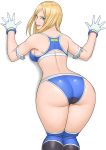  1girl against_wall ass bikini blue_bikini blue_eyes breasts dead_or_alive gloves hair_over_shoulder highres knee_pads large_breasts legs_together lips lipstick long_hair looking_back makeup naughty_face nose shigenobu sideboob solo swimsuit tina_armstrong white_gloves wrestling_outfit 