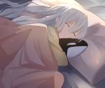  1girl arknights artist_name blanket highres indoors leria_v long_hair lying on_bed on_side pajamas pillow silver_hair skadi_(arknights) sleeping solo stuffed_whale very_long_hair 